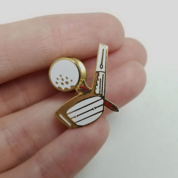 Vintage Golf Club Tee and Ball White Enamel Gold Tone Brooch Lapel Pin, Golfer - Picture 5 of 6